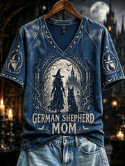 Women's Halloween German Shepherd Mom Witch Print V-neck Short-sleeved T-shirt