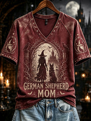 Women's Halloween German Shepherd Mom Witch Print V-neck Short-sleeved T-shirt