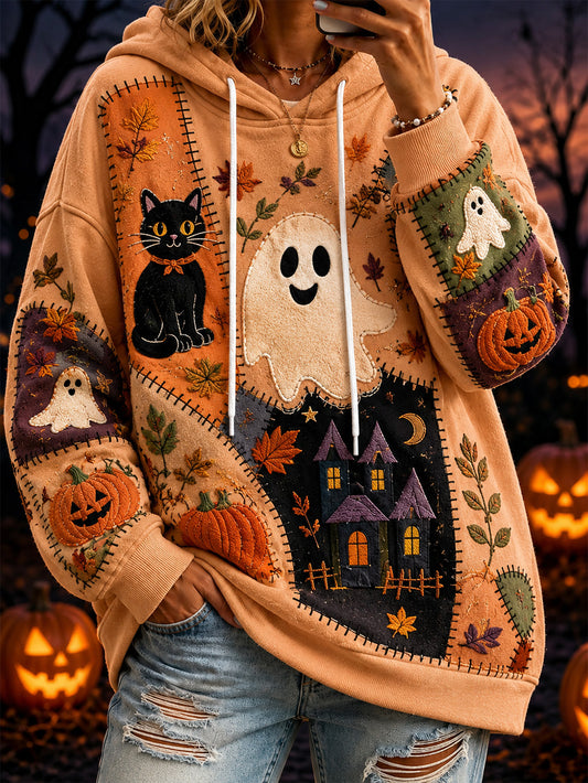 Women's Halloween-themed print and color-blocked design casual hoodie