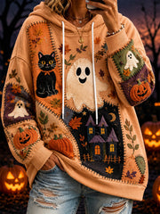 Women's Halloween-themed print and color-blocked design casual hoodie
