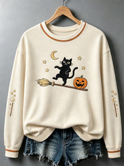 Women's Halloween Black Cat Pumpkin Print Sweatshirt