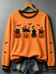 Women's Halloween Black Cat Pumpkin Print Sweatshirt