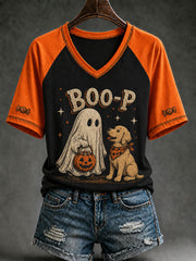 Women's Halloween Boo-P Dog Printed V-neck T-shirt