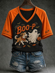 Women's Halloween Boo-P Dog Printed V-neck T-shirt