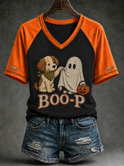 Women's Halloween Boo-P Dog Printed V-neck T-shirt