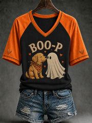 Women's Halloween Boo-P Dog Printed V-neck T-shirt