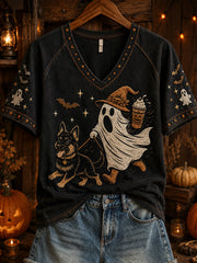 Women's Halloween Boo And Dog Pattern Printed Casual Short Sleeve T-Shirt