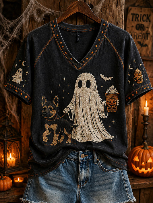 Women's Halloween Boo And Dog Pattern Printed Casual Short Sleeve T-Shirt