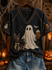Women's Halloween Boo And Dog Pattern Printed Casual Short Sleeve T-Shirt