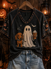 Women's Halloween Boo And Dog Pattern Printed Casual Short Sleeve T-Shirt
