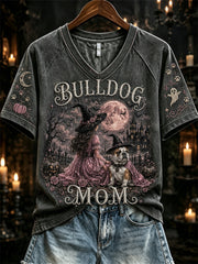 Women's Halloween Pink Witch Bulldog Mom Print short-sleeved T-shirt