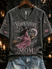 Women's Halloween Pink Witch Yorkshire Mom Print short-sleeved T-shirt