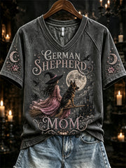 Women's Halloween Pink Witch German Shepherd Mom Print short-sleeved T-shirt