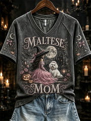 Women's Halloween Pink Witch Maltese Mom Print short-sleeved T-shirt