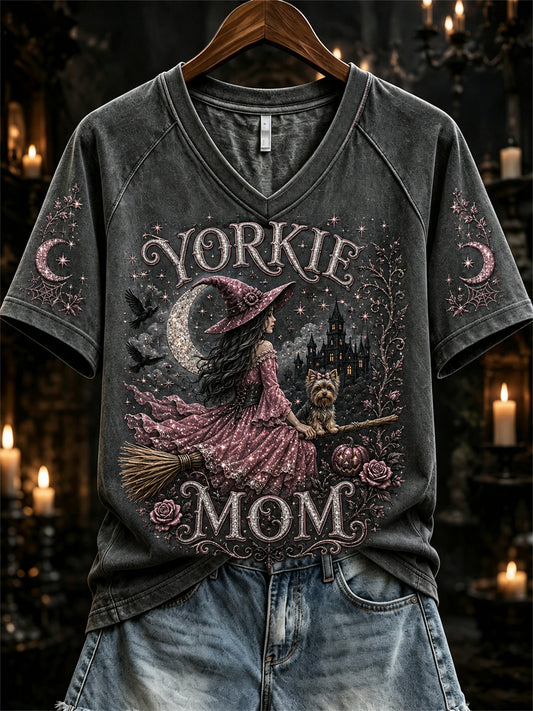 Women's Halloween Pink Witch Yorkie Mom Print short-sleeved T-shirt