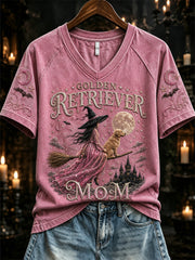 Women's Halloween Pink Witch Golden Retriever Mom Print short-sleeved T-shirt