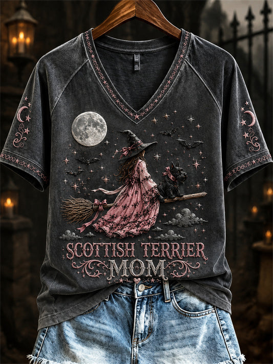 Women's Halloween Pink Witch Scottish Terrier Mom Print short-sleeved T-shirt
