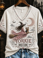 Women's Halloween Pink Witch Yorkie Mom Print short-sleeved T-shirt
