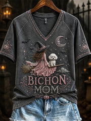 Women's Halloween Pink Witch Bichon Mom Print short-sleeved T-shirt