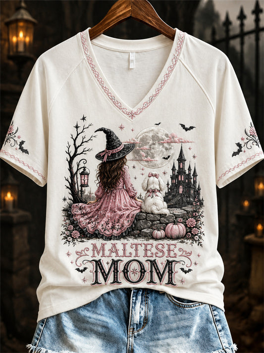 Women's Halloween Pink Witch Maltese Mom Print short-sleeved T-shirt