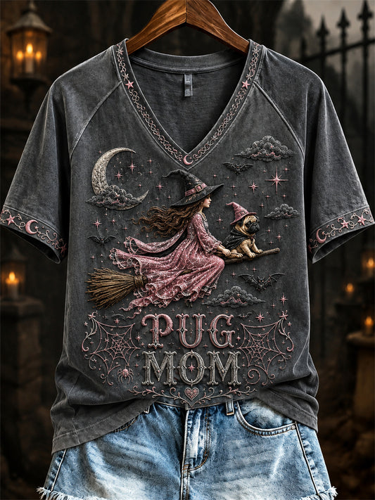 Women's Halloween Pink Witch Pug Mom Print short-sleeved T-shirt