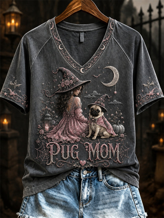 Women's Halloween Pink Witch Pug Mom Print short-sleeved T-shirt