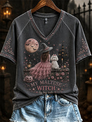 Women's Halloween Pink Witch My Maltese Witch by My Side Print short-sleeved T-shirt