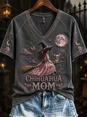 Women's Halloween Pink Witch Chihuahua Mom Print short-sleeved T-shirt