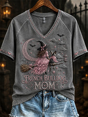 Women's Halloween Pink Witch French Bulldog Mom Print short-sleeved T-shirt