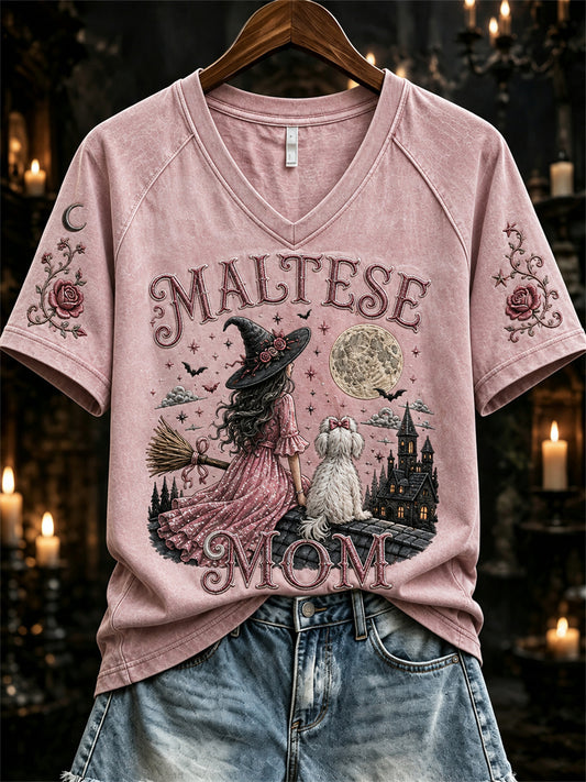 Women's Halloween Pink Witch Maltese Mom Print short-sleeved T-shirt