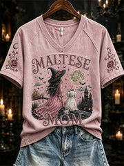 Women's Halloween Pink Witch Maltese Mom Print short-sleeved T-shirt
