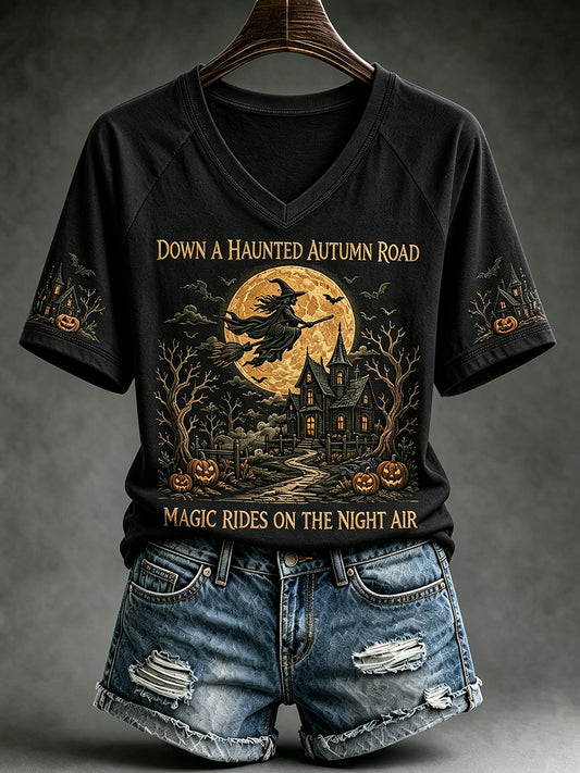 Women's Vintage Halloween Flying Witch Print V-neck Short-sleeved T-shirt