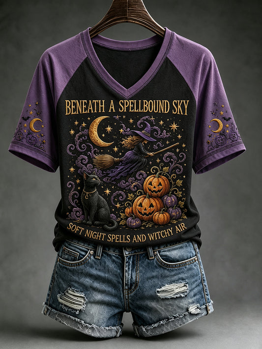 Women's Vintage Halloween Flying Witch Print V-neck Short-sleeved T-shirt
