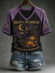 Women's Vintage Halloween Flying Witch Print V-neck Short-sleeved T-shirt