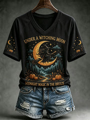Women's Vintage Halloween Flying Witch Print V-neck Short-sleeved T-shirt