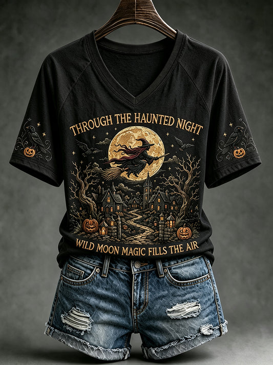 Women's Vintage Halloween Flying Witch Print V-neck Short-sleeved T-shirt