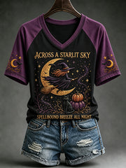 Women's Vintage Halloween Flying Witch Print V-neck Short-sleeved T-shirt