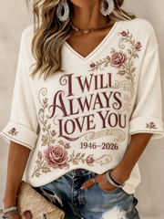 Women's I WILL ALWAYS LOVE YOU Printed Mid-length Sleeves V-neck T-shirt