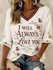 Women's I WILL ALWAYS LOVE YOU Printed Mid-length Sleeves V-neck T-shirt