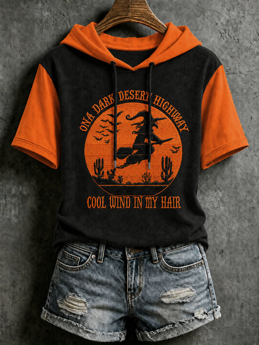 Women's Halloween Witch Embroidery Short-Sleeve Hooded T-Shirt