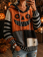 Women's Halloween Spooky Pumpkin Face Stitched Colorblock Print Cozy Hoodie