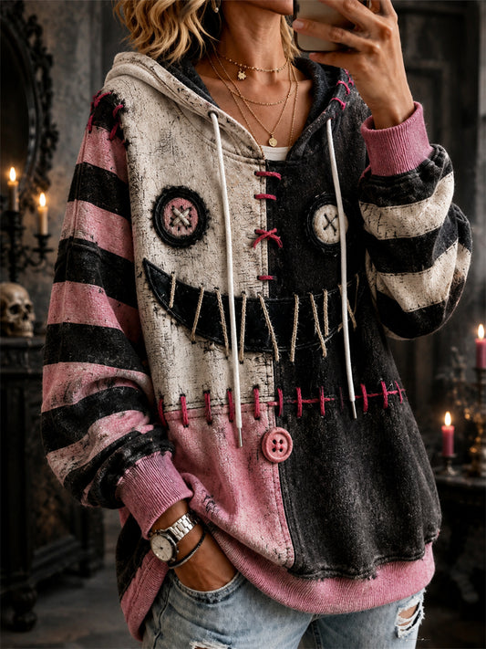 Women's Halloween Lovely Spooky Stitched Face Colorblock Print Cozy Hoodie
