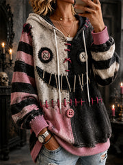 Women's Halloween Lovely Spooky Stitched Face Colorblock Print Cozy Hoodie