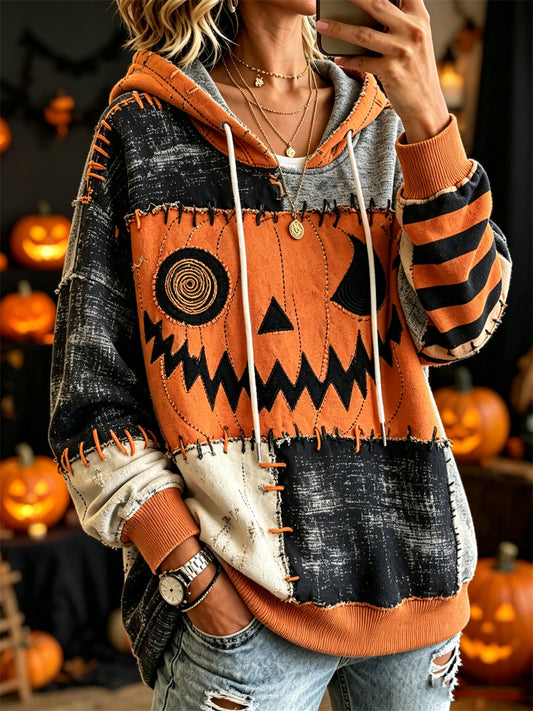 Women's Halloween Spooky Pumpkin Face Stitched Colorblock Print Cozy Hoodie
