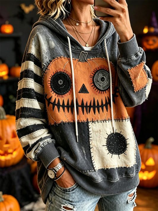 Women's Halloween Spooky Pumpkin Face Stitched Colorblock Print Cozy Hoodie