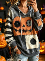 Women's Halloween Spooky Pumpkin Face Stitched Colorblock Print Cozy Hoodie