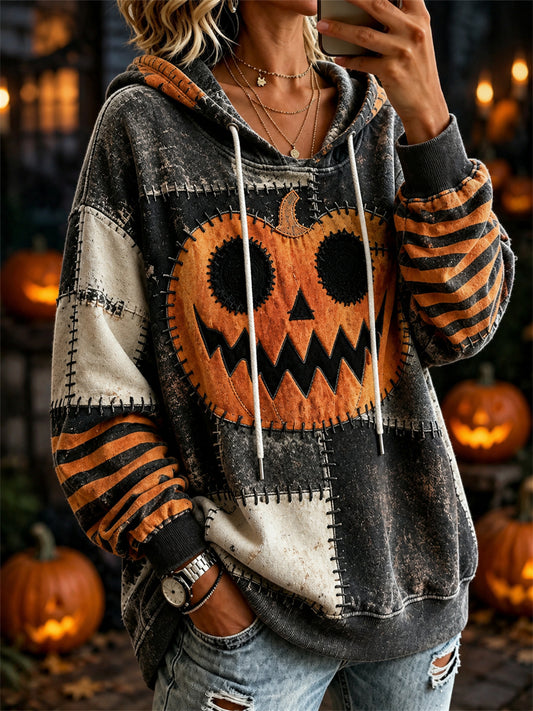 Women's Halloween Spooky Pumpkin Face Stitched Colorblock Print Cozy Hoodie