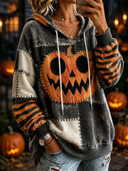 Women's Halloween Spooky Pumpkin Face Stitched Colorblock Print Cozy Hoodie