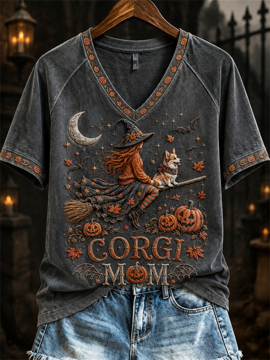 Women's Halloween Fall Corgi Mom Witch & Dog Print short-sleeved T-shirt