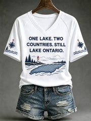 Women's One Lake Two Countries Still Lake Ontario V-neck T-shirt